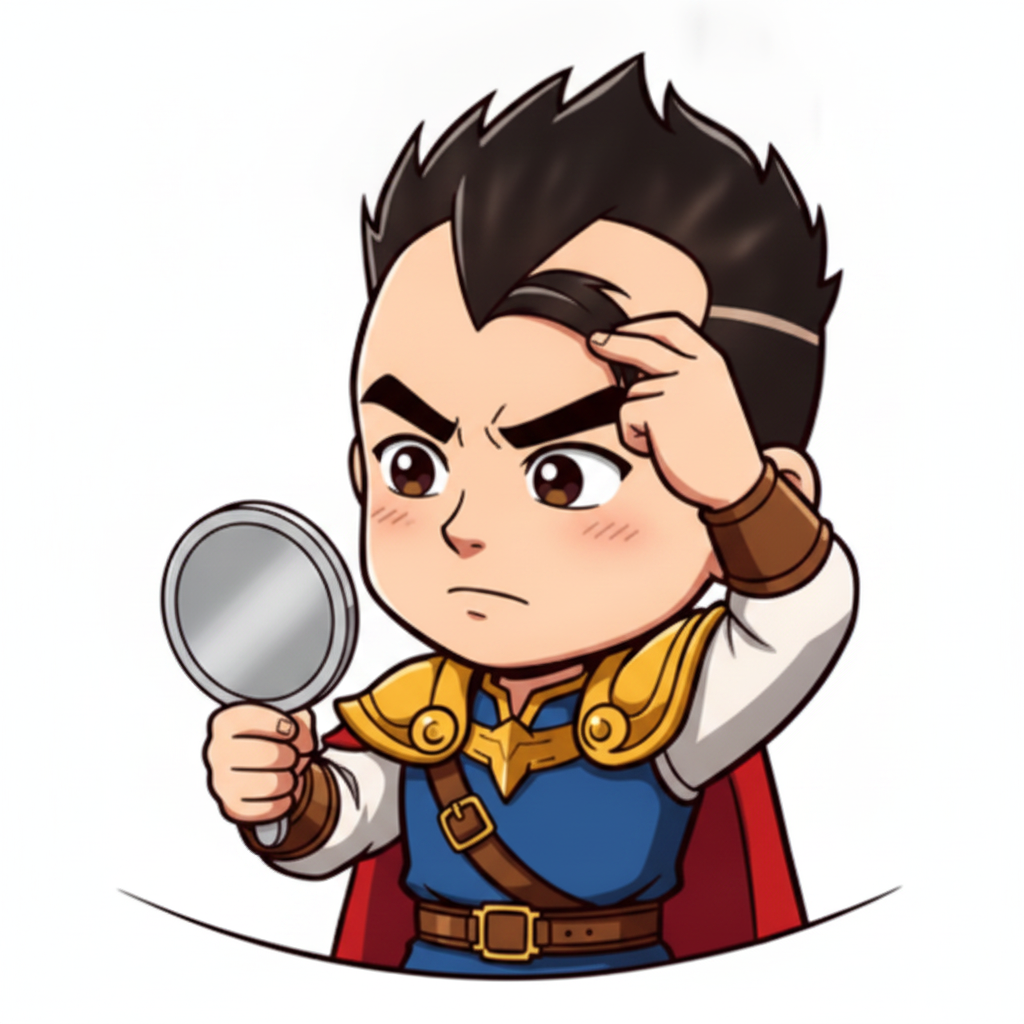 手鏡でセンターパートの分け目を確認する勇者のイラスト