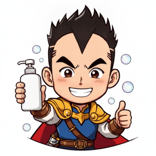 シャンプーで頭を洗う勇者のイラスト