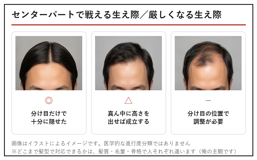 センターパートで対応しやすい生え際と厳しくなる生え際の比較図解