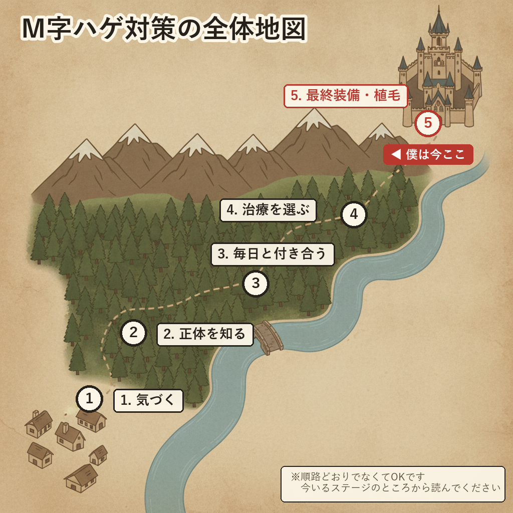 M字ハゲ対策の全体地図(5ステージ)の図解