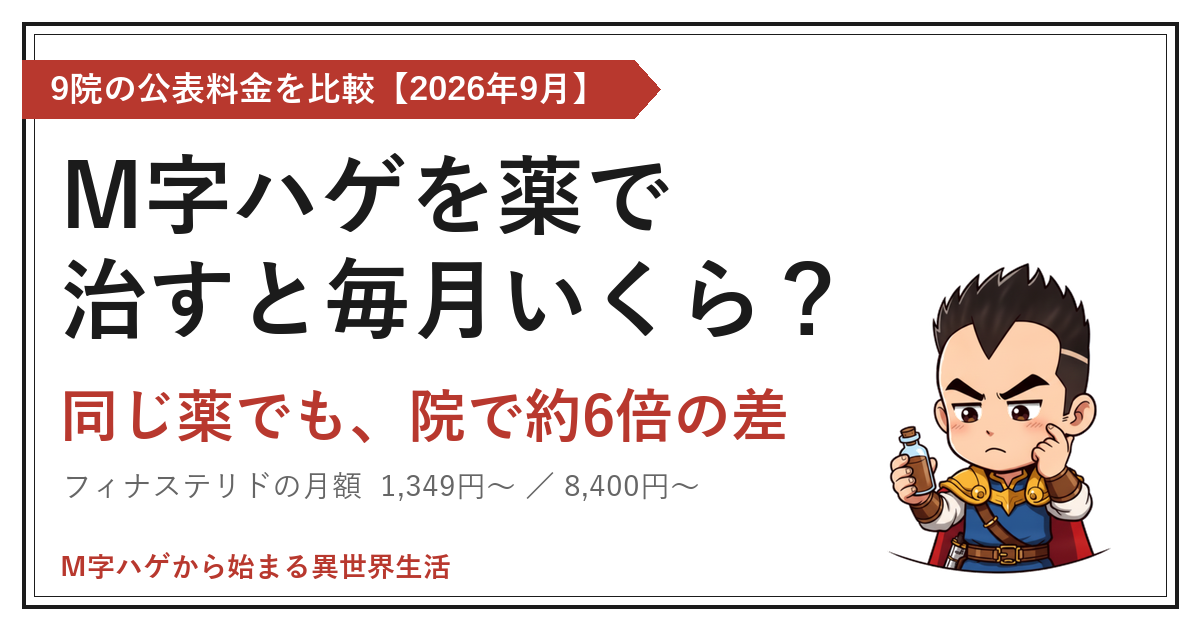 M字ハゲを薬で治すと毎月いくら？ 9院の公表料金を比較